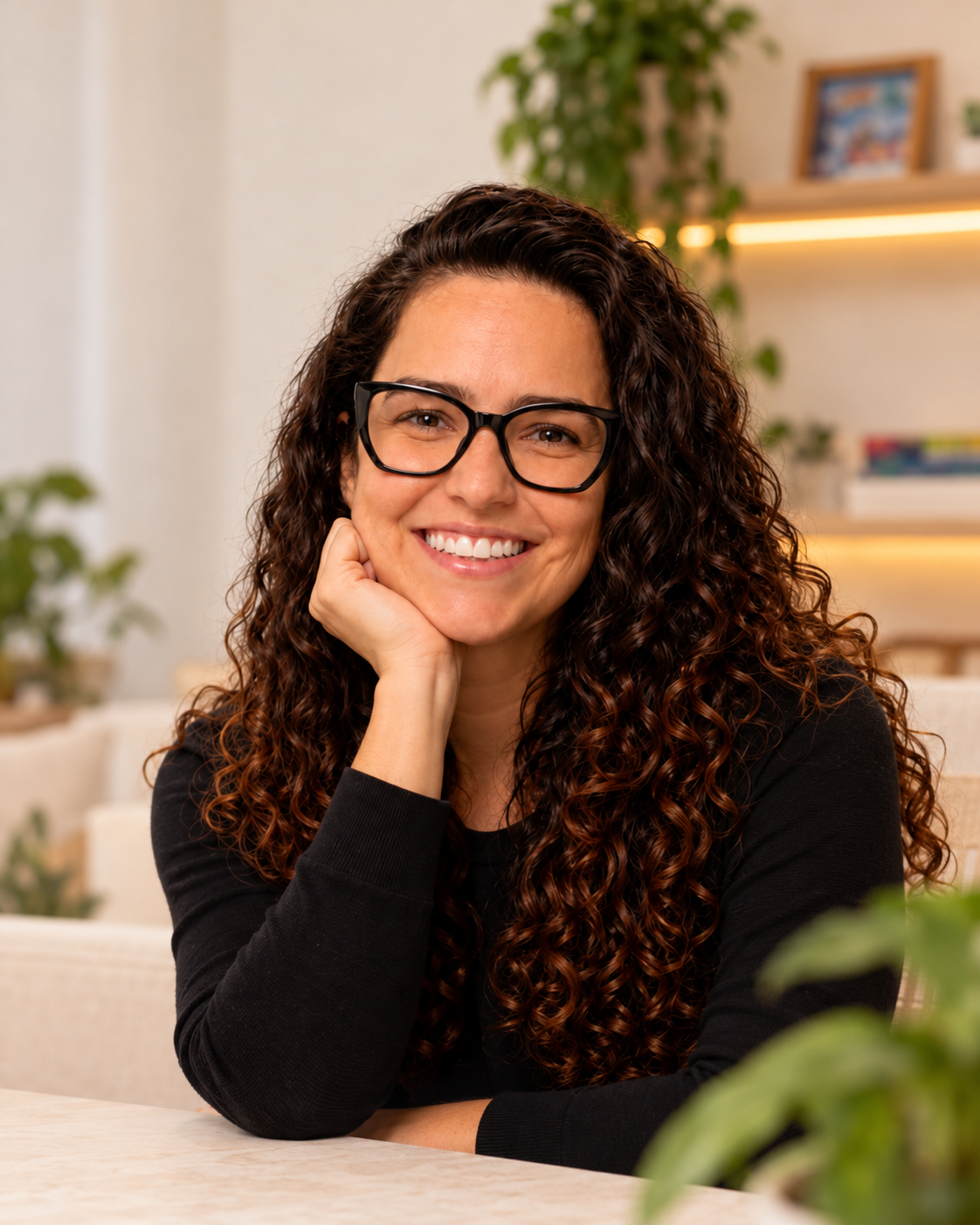 Larissa Santos sorrindo, com a mão apoiando o rosto